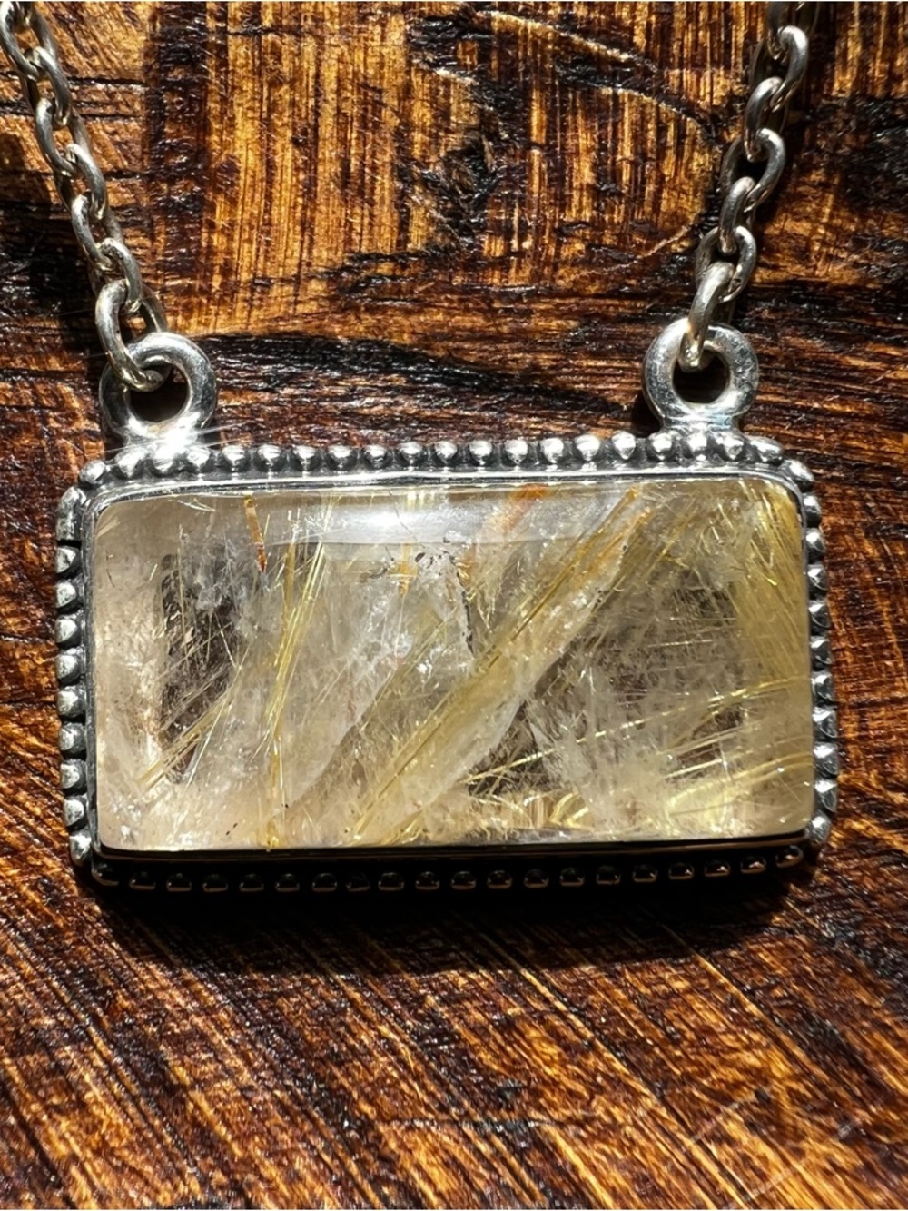 925 Sterling Silver Golden Rutilated Quartz Bar Necklace Rectangle
